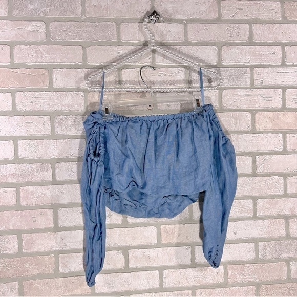 Free People In The Limelight Off The Shoulder Chambray Cropped Top Size XS - Picture 6 of 11